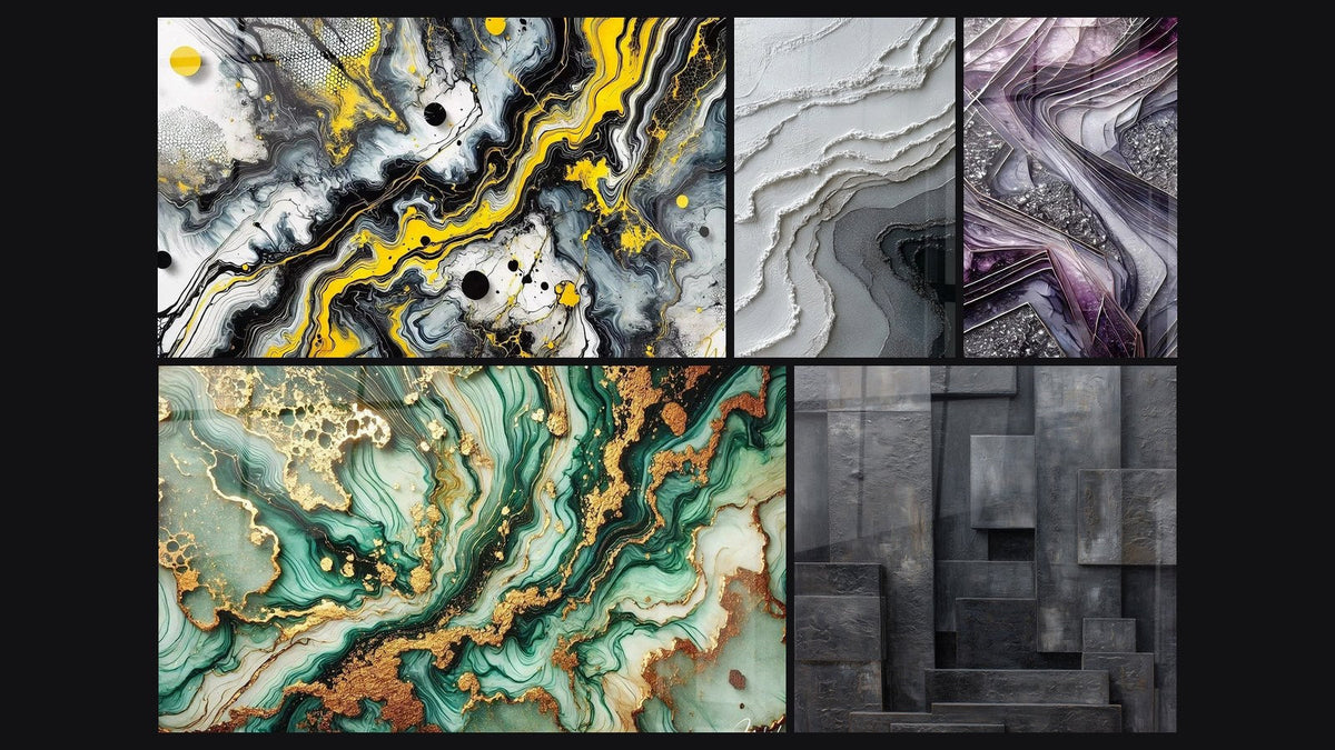 Mosaico de cinco cuadros, entre ellos Impacto Negro, Lámparas de Cuarzo y Mármol Misterioso