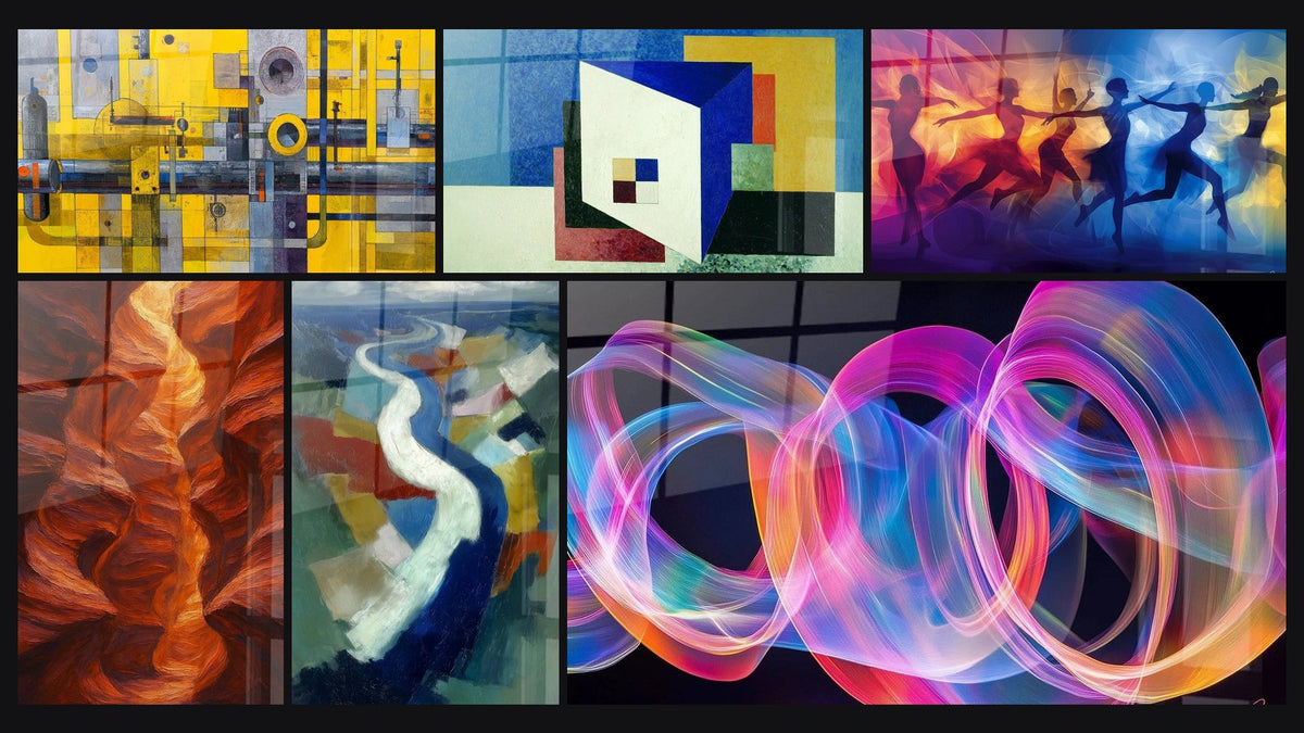 Mosaïque de six tableaux, dont Abstraction industrielle et Abstraction colorée Mouvement Progressiste
