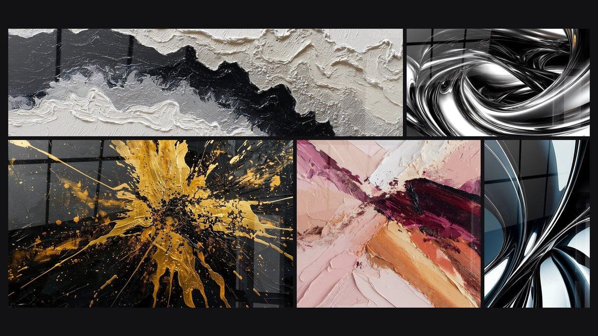 Mosaico di cinque quadri, tra cui Tourbillon metallico e Astratto con tocchi rosa, viola e arancio