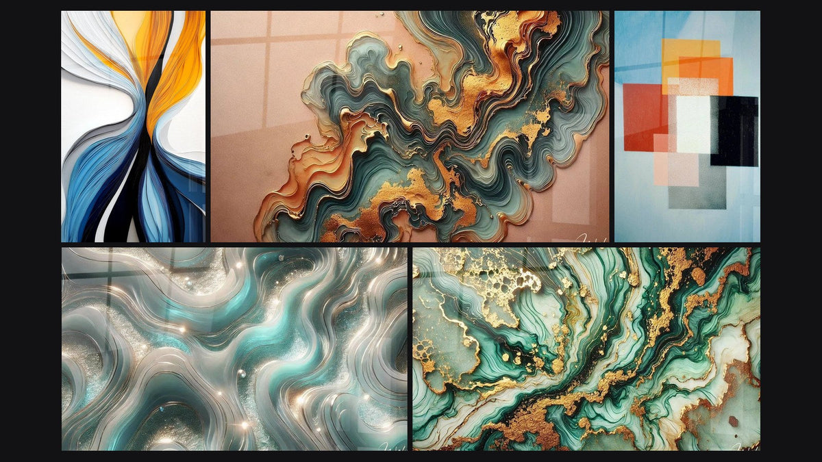 Mosaic of five paintings, including Dynamic Colored Flows, Wave Copper and Shimmering Waves