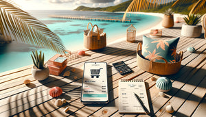 Shopping Black Friday déco depuis les DOM-TOM avec smartphone, calculs livraison et océan tropical