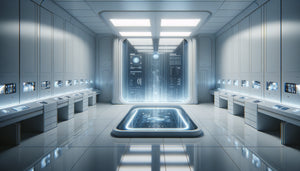 Intérieur minimaliste dystopique style Black Mirror avec interface digitale futuriste et design spéculatif froid