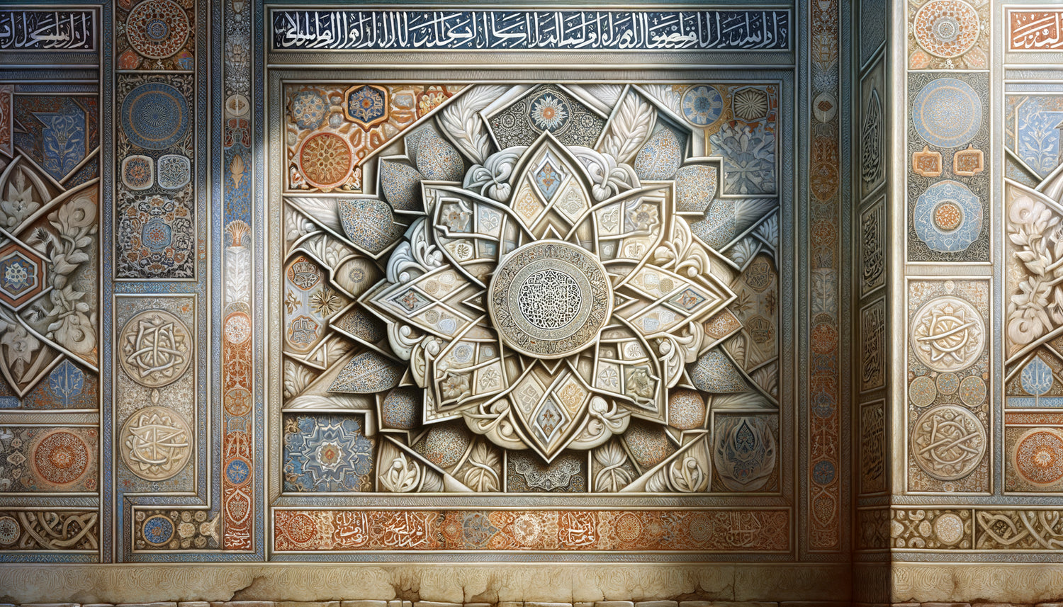Fresque murale d'un palais abbasside du 9ème siècle avec motifs géométriques en blanc d'argent lumineux