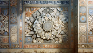 Fresque murale d'un palais abbasside du 9ème siècle avec motifs géométriques en blanc d'argent lumineux