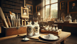 Atelier de peintre du XIXe siècle avec bocaux de pigments blanc de plomb et blanc de baryte