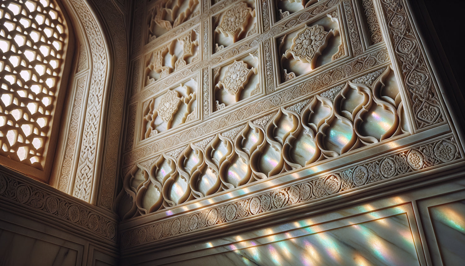 Mur de palais moghol du 17ème siècle avec enduit blanc de nacre iridescent capturant la lumière naturelle