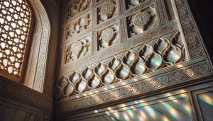 Mur de palais moghol du 17ème siècle avec enduit blanc de nacre iridescent capturant la lumière naturelle