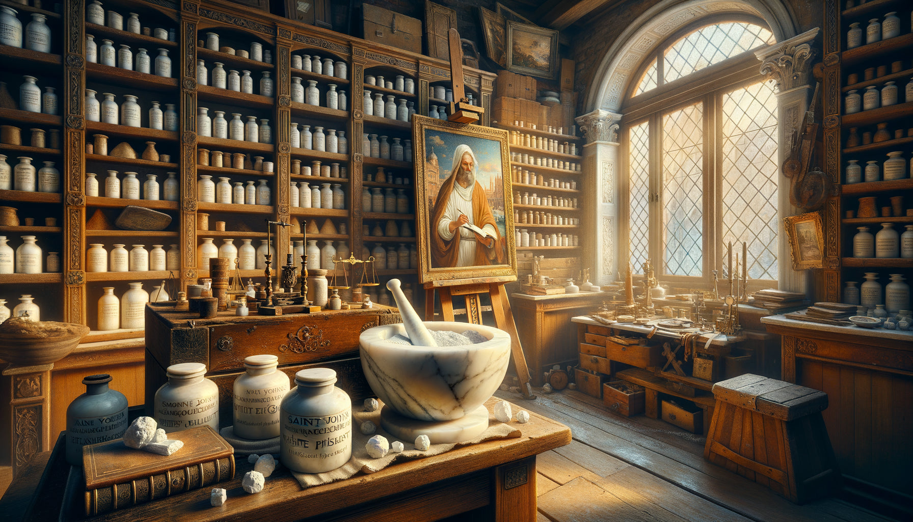Atelier vénitien Renaissance avec artisan préparant le pigment blanc de Saint-Jean, lumière dorée, bocaux et peinture en cours