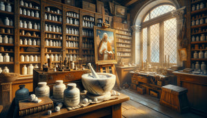 Atelier vénitien Renaissance avec artisan préparant le pigment blanc de Saint-Jean, lumière dorée, bocaux et peinture en cours