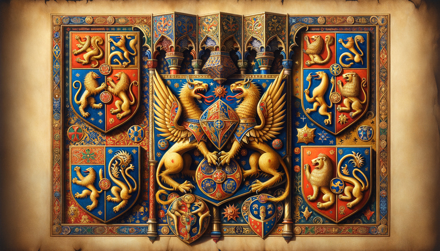 Manuscrit médiéval enluminé présentant des blasons croisés avec griffons persans et dragons byzantins bicéphales, style héraldique du 12ème siècle