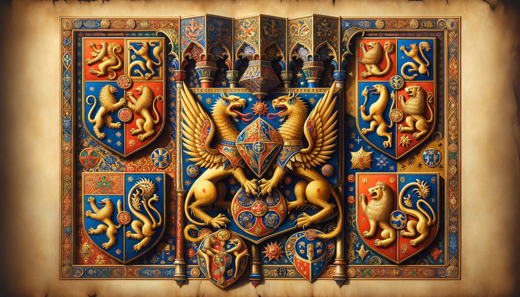 Manuscrit médiéval enluminé présentant des blasons croisés avec griffons persans et dragons byzantins bicéphales, style héraldique du 12ème siècle
