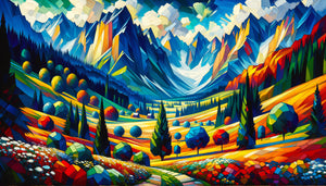 Paysage bavarois stylisé dans le style expressionniste du Blaue Reiter avec couleurs vives non-naturalistes et formes géométriques