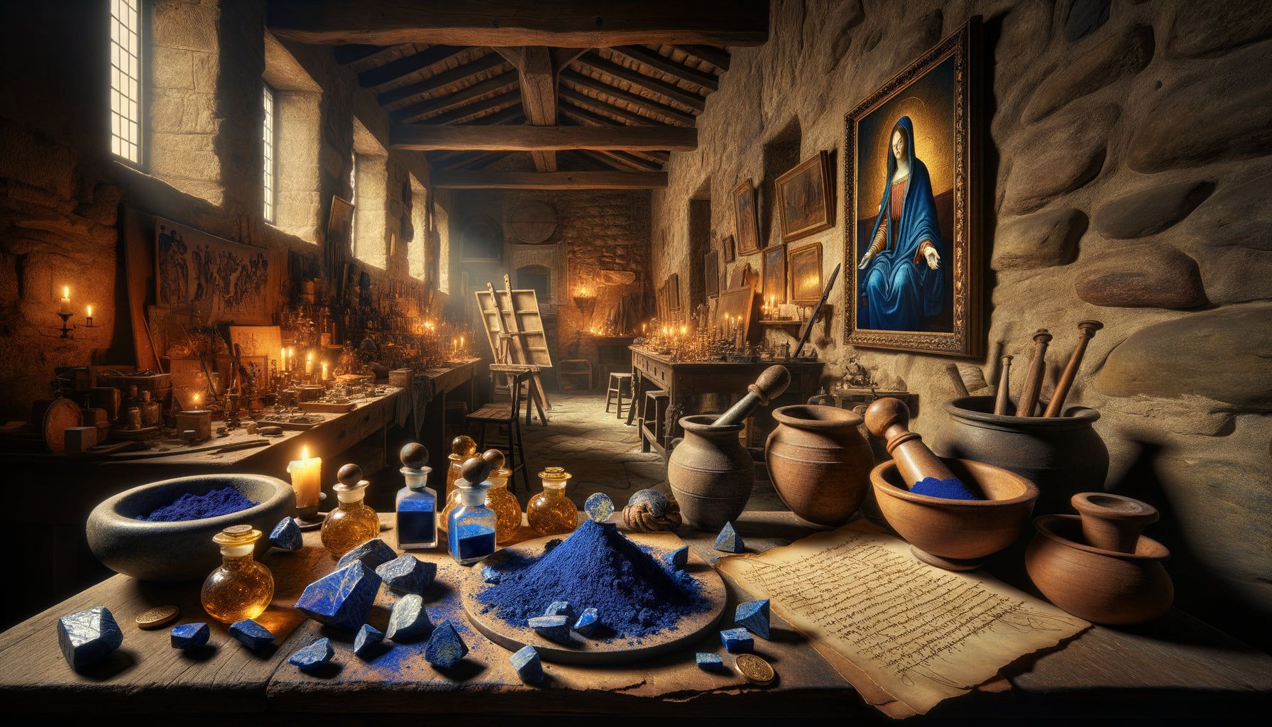 Atelier de peintre Renaissance avec lapis-lazuli brut et pigment bleu outremer en poudre, morceaux d'or pour comparaison de prix