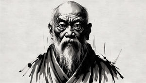 Peinture zen traditionnelle de Bodhidharma à l'encre noire, regard intense et traits spontanés, style sumi-e japonais
