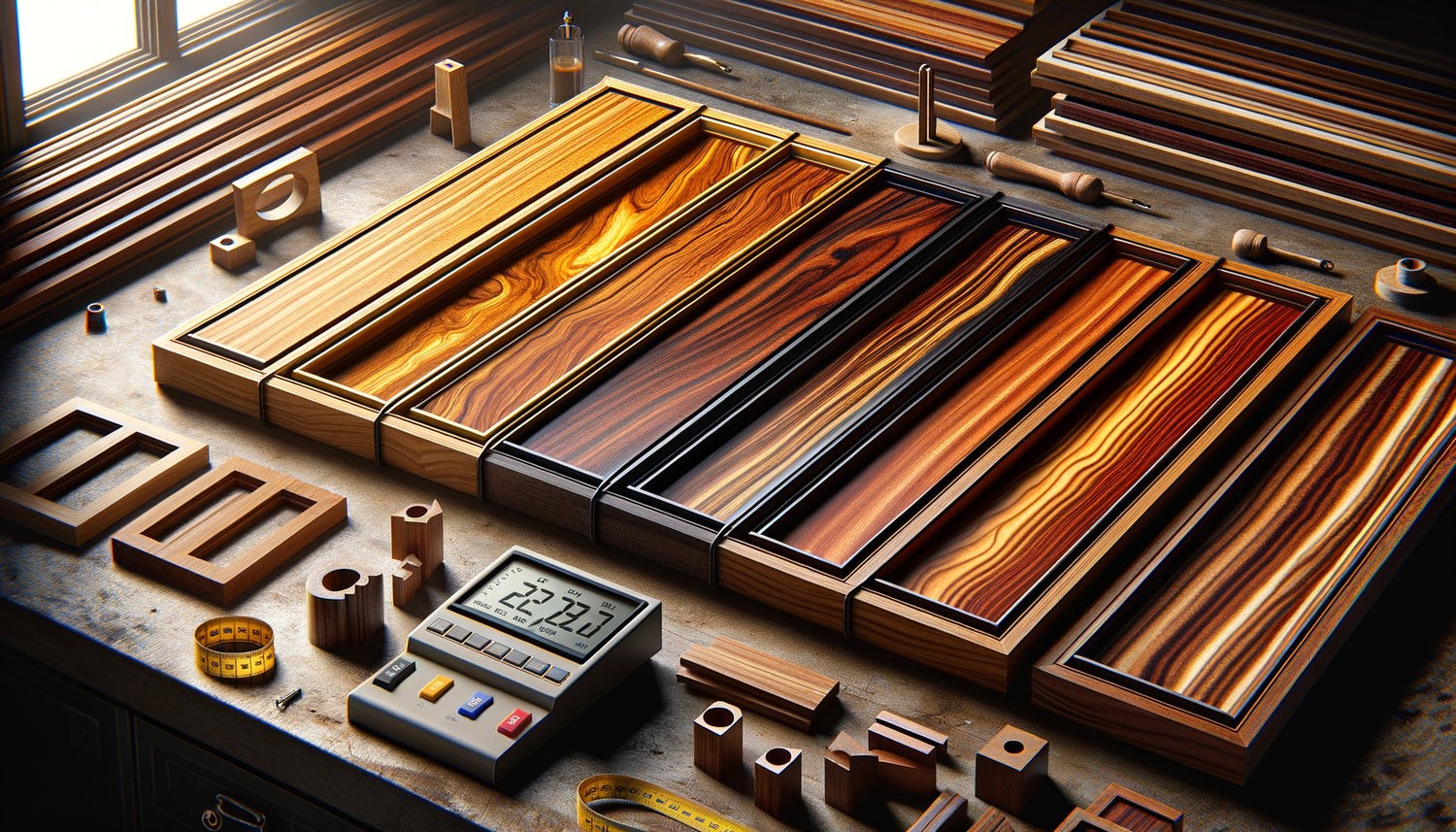 Échantillons de bois exotiques pour encadrement : teck, iroko, doussié et wengé montrant leurs grains et textures naturelles distinctives