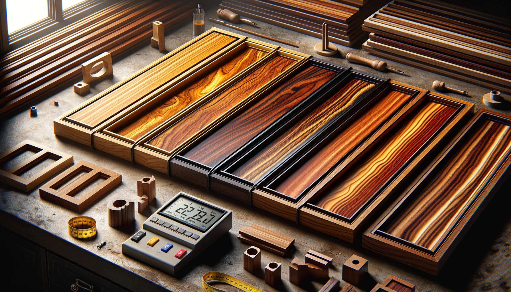 Échantillons de bois exotiques pour encadrement : teck, iroko, doussié et wengé montrant leurs grains et textures naturelles distinctives