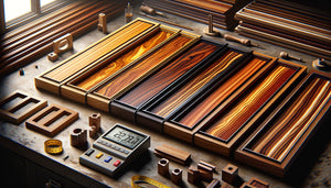 Échantillons de bois exotiques pour encadrement : teck, iroko, doussié et wengé montrant leurs grains et textures naturelles distinctives