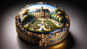 Dessus de boîte en émail du XVIIIe siècle avec paysage miniature de château et jardins aristocratiques français