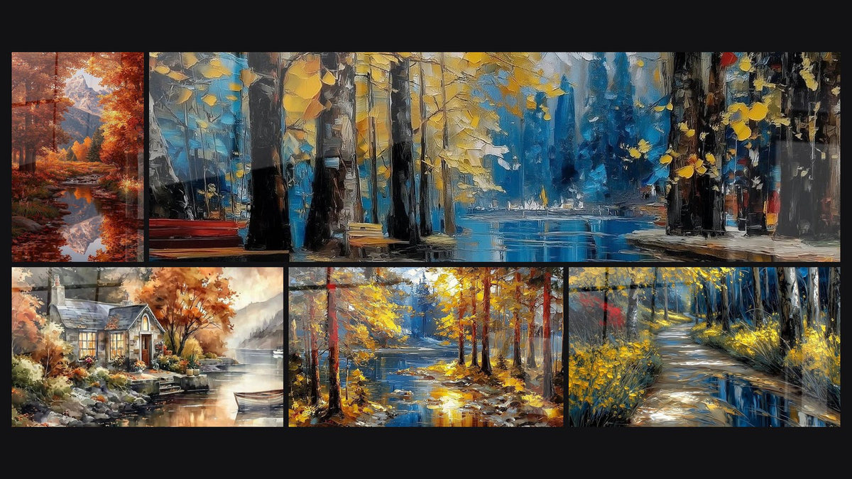Mosaic of five paintings, including House Peaceful Haven, Autumn Forest and River and Autumn Forest Path