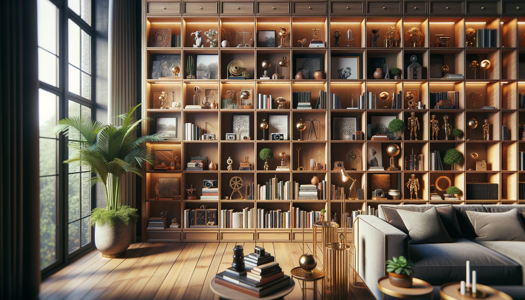 Bibliothèque luxueuse et stylisée selon la tendance Bookshelf Wealth 2025, avec étagères en bois remplies de livres soigneusement disposés, objets décoratifs raffinés et plantes vertes dans un intérieur contemporain baigné de lumière naturelle