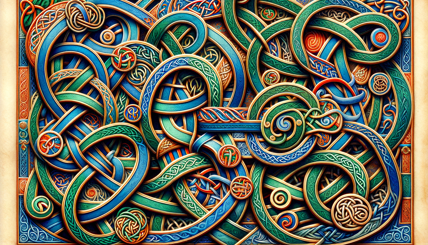 Détail de bordures entrelacées d'un manuscrit celtique enluminé du 8e siècle, motifs de nœuds ornementaux complexes avec créatures zoomorphes intégrées