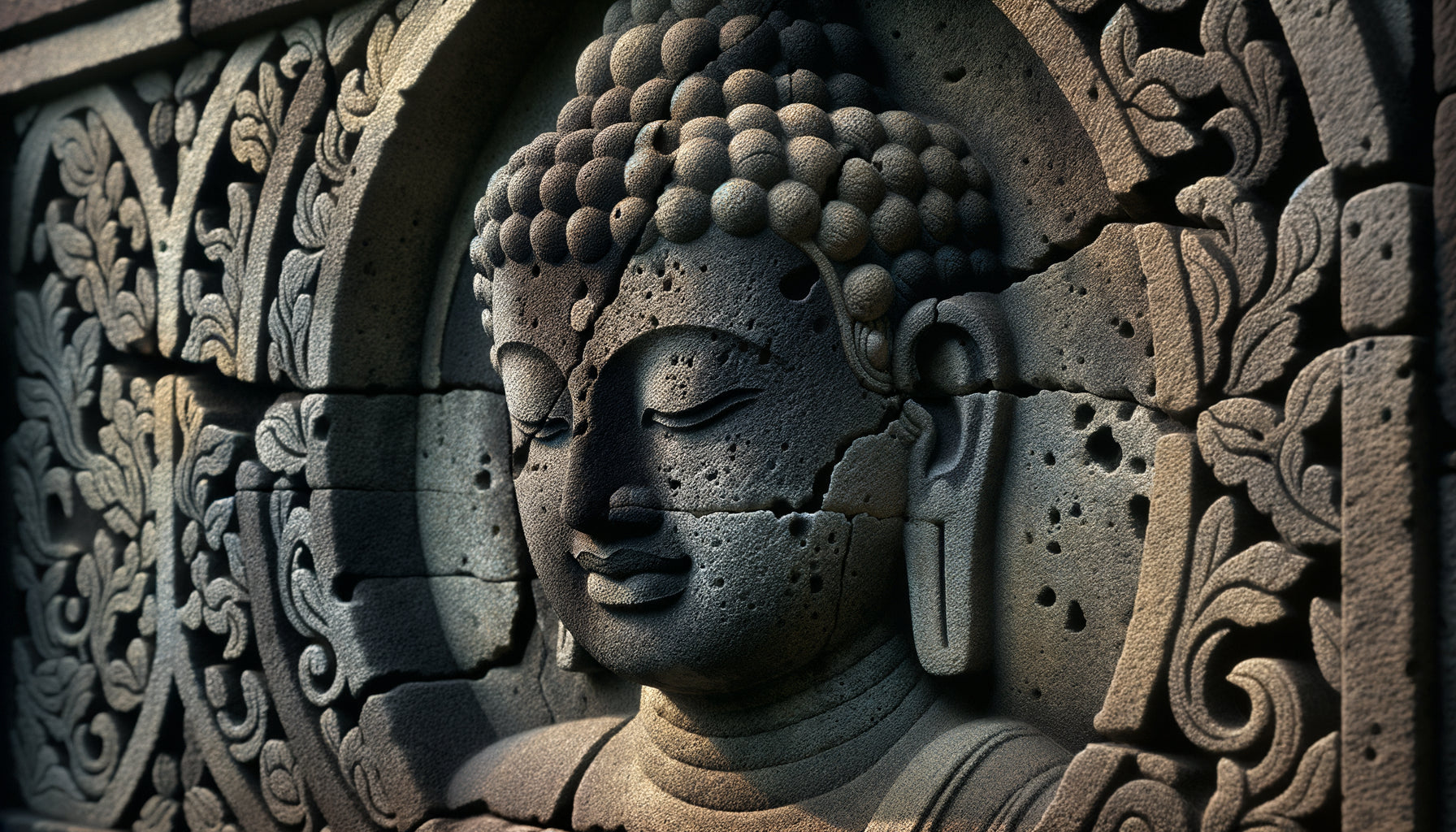 Relief en pierre de Borobudur du 9ème siècle avec traces visibles de pigments noirs révélant l'ancienne polychromie partielle du temple javanais