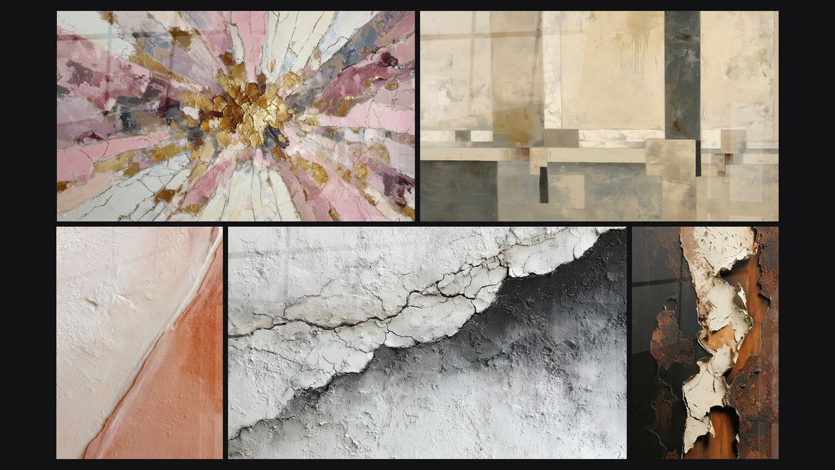 Mosaico de cinco cuadros, entre ellos Textura Mural Agrietada Blanco y Gris y Composición geométrica beige y gris