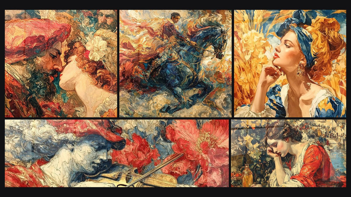 Mosaico di cinque quadri, tra cui Figure sacre di devozione di, Violino Barocco a Fiato e Donna pensierosa nostalgica