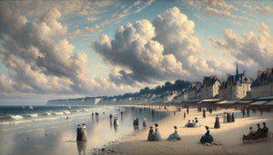 Marine normande style Eugène Boudin années 1850, vaste ciel lumineux, plage avec élégantes en crinolines, technique pré-impressionniste