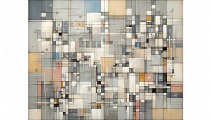 Peinture abstraite style Bradley Walker Tomlin années 1950, grille géométrique avec signes calligraphiques spontanés, expressionnisme abstrait américain
