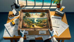 Tableau britannique traditionnel en inspection douanière avec paperasse Brexit, contexte antillais contemporain