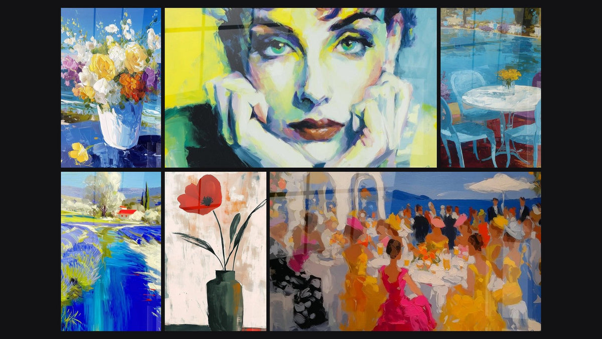 Mosaic of six paintings, including Floral Bouquet Explosion, Female Portrait Emerald Gaze and Summer Rest Terrace