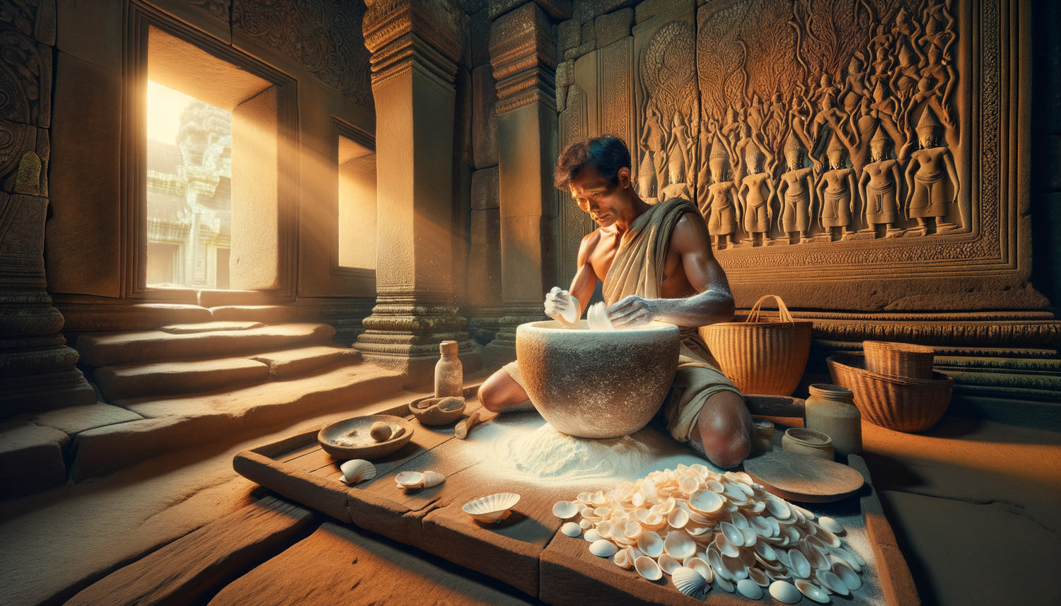 Artisan khmer broyant des coquillages blancs sur pierre dans un atelier de temple d'Angkor, période médiévale cambodgienne