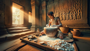 Artisan khmer broyant des coquillages blancs sur pierre dans un atelier de temple d'Angkor, période médiévale cambodgienne