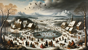 Peinture style Bruegel l'Ancien représentant paysage hivernal flamand Renaissance 1565 avec paysans et nature