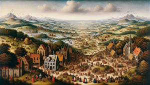 Paysage panoramique style Bruegel avec plus de cent personnages minuscules, Renaissance flamande 16ème siècle