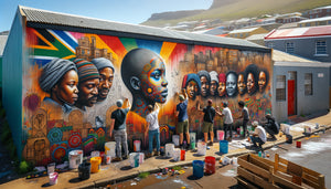 Fresque murale vibrante en cours de création dans un township sud-africain, style collectif Brullpadda, art urbain participatif années 2010