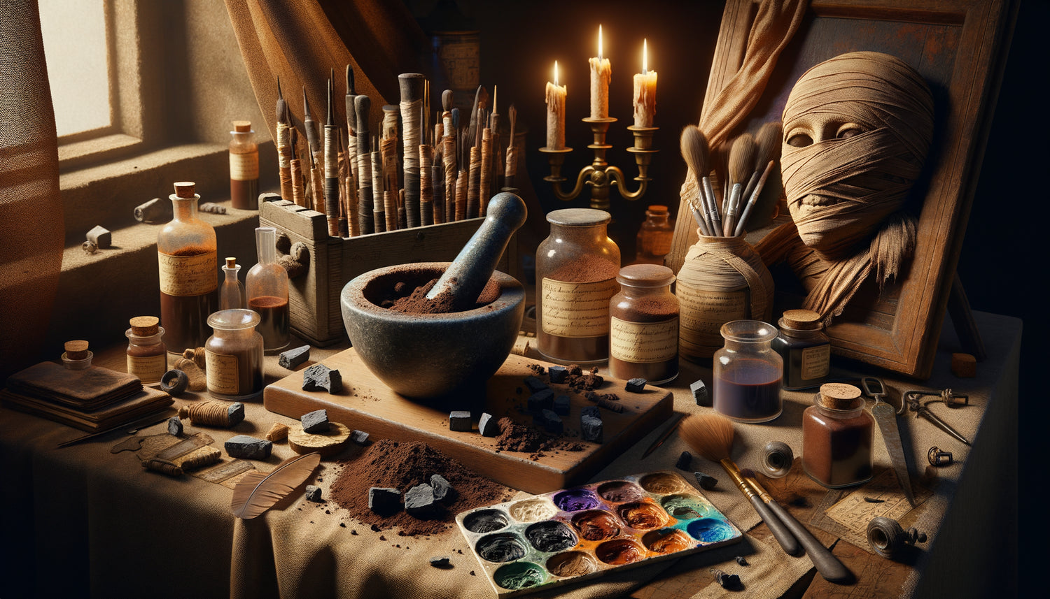 Atelier d'artiste du 17ème siècle montrant le broyage de momies égyptiennes pour créer le pigment brun momie