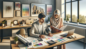 Planification budgétaire pour art mural de cabinet professionnel avec documents et échantillons artistiques