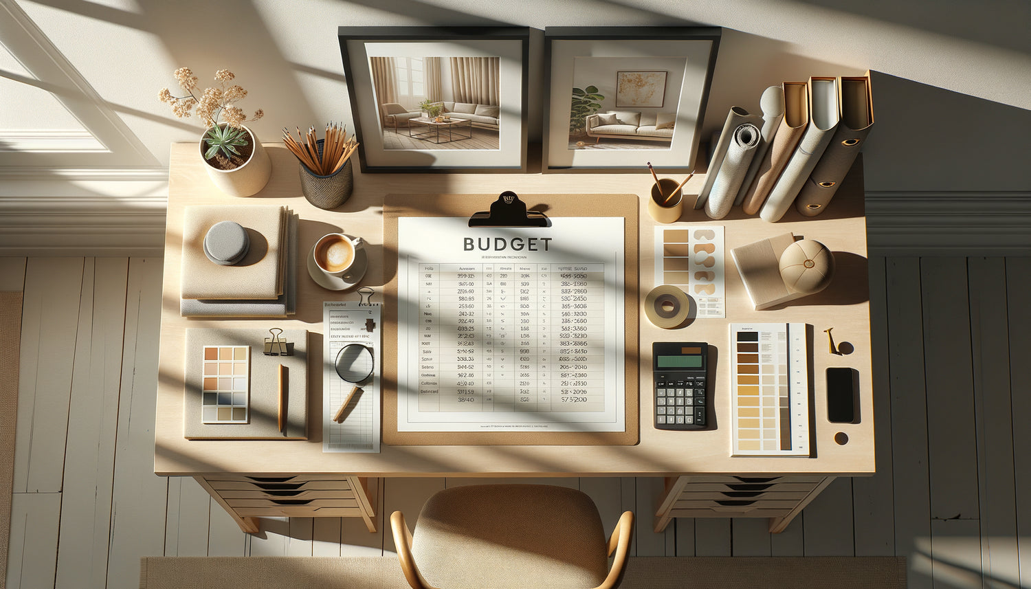 Vue aérienne d'un bureau de planification déco avec budget détaillé allouant 15-25% aux tableaux muraux