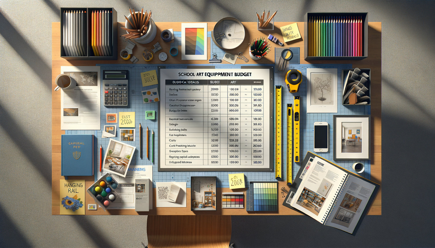 Planification budgétaire pour équipement artistique scolaire avec devis, échantillons d'œuvres et outils de gestion de projet éducatif