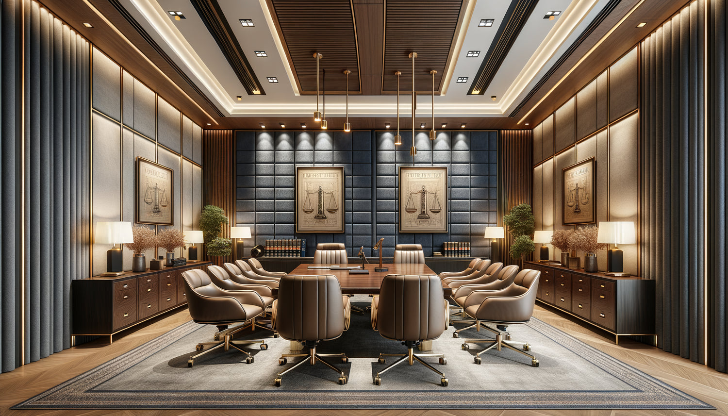 Intérieur de cabinet d'avocat moderne avec habillages muraux élégants et professionnels, panneaux bois et tissus