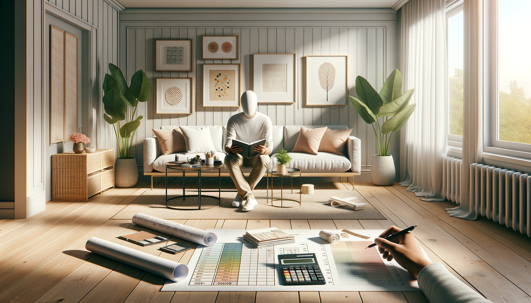 Scène de planification budgétaire pour emménagement avec échantillons de meubles et tableaux encadrés