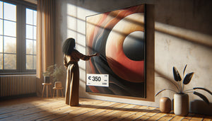 Mains examinant un tableau contemporain de qualité à 350 euros dans un appartement moderne lumineux