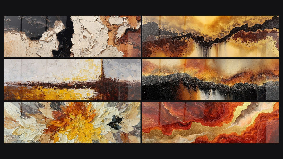 Mosaico di sei quadri, tra cui Astratto ocra e marrone con spessa texture e Vortici Dorati e Rossi