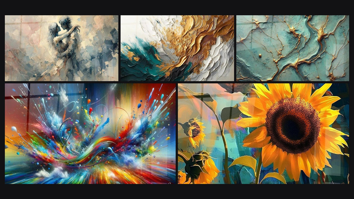 Mosaik aus fünf Gemälden, darunter Zwischen Uns, Trace in Gold und Jade und Big Bang Kunstleinwand Brillant