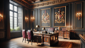 Bureau de notaire traditionnel avec deux types d'encadrements : cadre doré baroque patiné et cadre sobre noir moderne