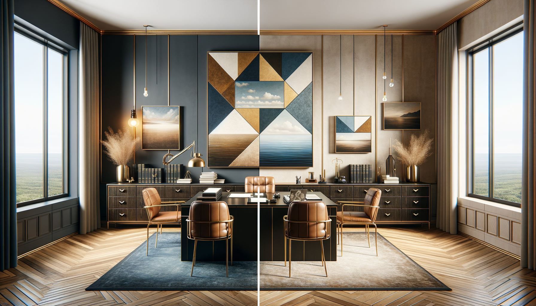 Comparaison bureau notaire avec tableau abstrait sophistiqué versus paysage ligne d'horizon apaisante, décor professionnel contemporain