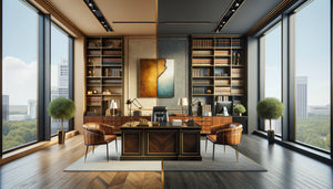 Bureau de notaire contemporain montrant le contraste entre teintes chaudes et froides avec tableaux assortis