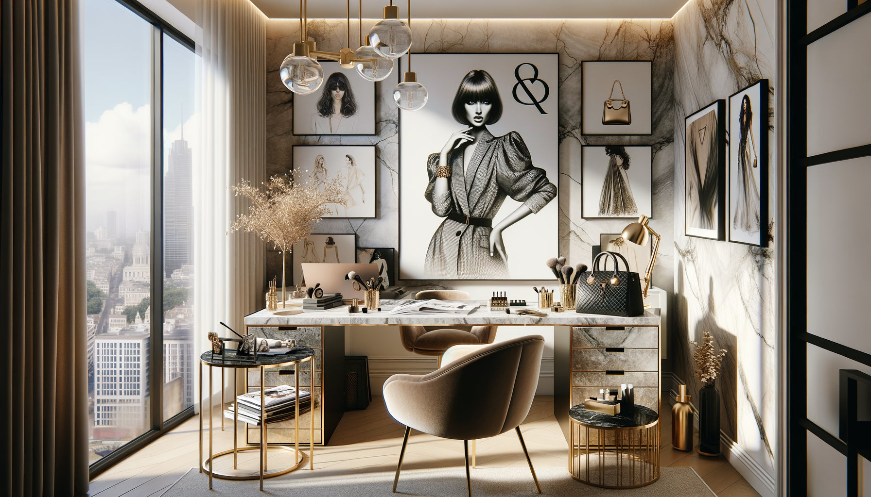 Bureau élégant de styliste personnel avec tableaux muraux mode : illustrations fashion, portraits iconiques et compositions d'accessoires luxueux